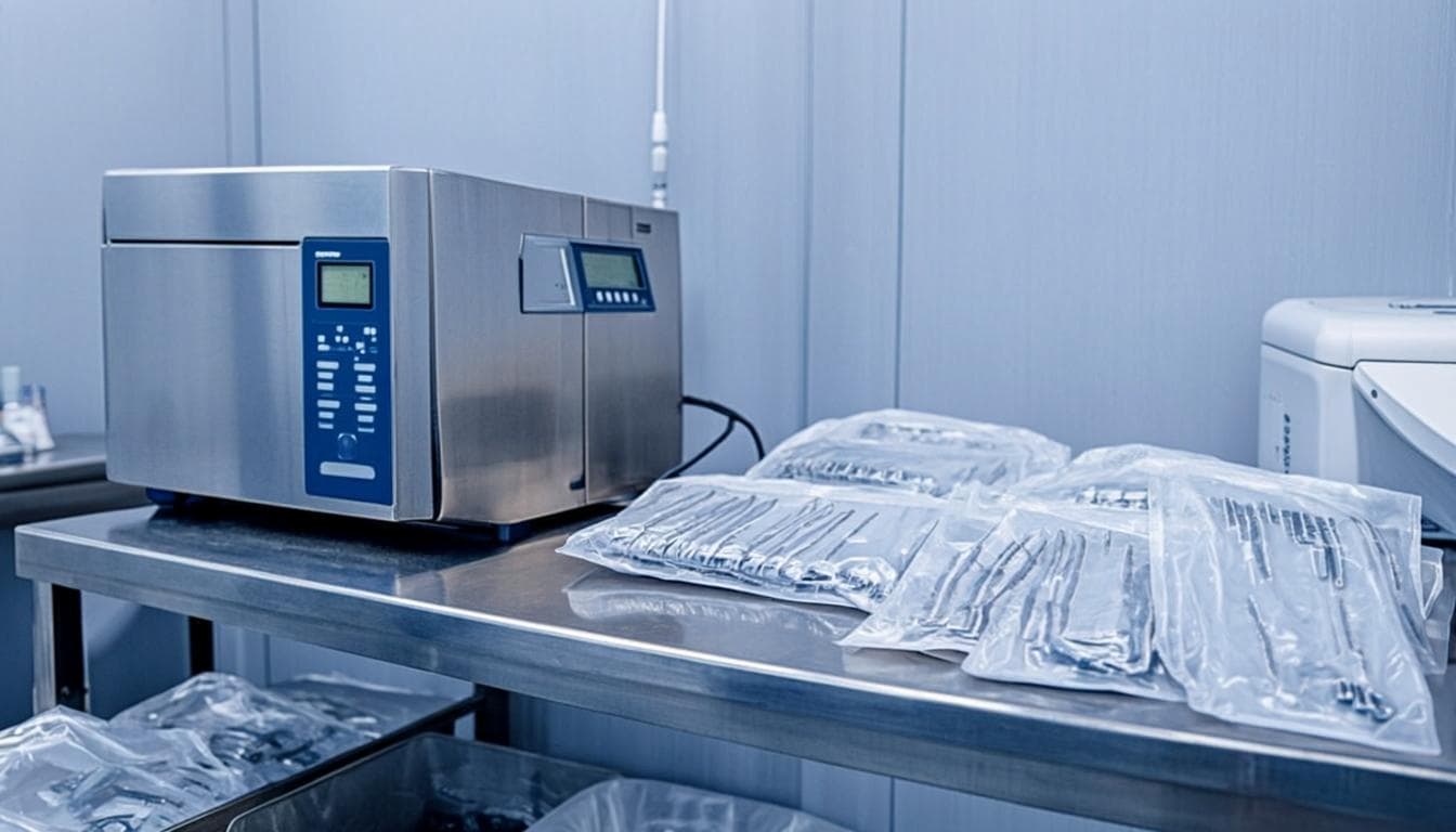 Sterilization room with autoclave and sealed instrument pouches